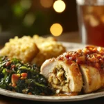 Cajun stuffed chicken served with collard greens and cornbread on a plate.