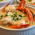 A close-up of a creamy crab and shrimp seafood bisque garnished with fresh parsley, featuring tender shrimp and vibrant crab claws in a white bowl.