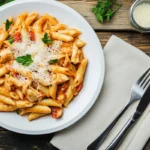 A plate of creamy garlic Parmesan chicken pasta garnished with parsley and grated Parmesan cheese, served on a rustic wooden table.