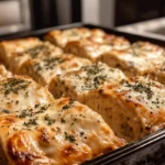 Golden brown chicken Alfredo lasagna rolls topped with melted cheese and parsley in a baking dish.