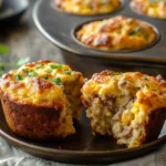 Golden-brown sausage muffins with melted cheese, garnished with parsley, served on a plate with a muffin tin in the background.