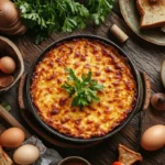 A golden, baked hashbrown casserole garnished with fresh parsley, surrounded by eggs, toast, and fresh herbs on a rustic wooden table.