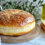A freshly baked round loaf of muffuletta bread topped with sesame seeds, displayed on a wooden board with olive branches and a bottle of olive oil in the background.
