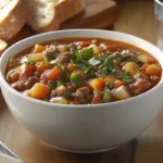 A hearty bowl of old-fashioned vegetable beef soup with fresh parsley garnish, served alongside slices of crusty bread on a wooden table.