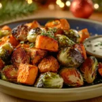 Perfectly roasted Brussels sprouts and sweet potatoes garnished with fresh herbs, served in a ceramic bowl with a creamy dipping sauce on the side.