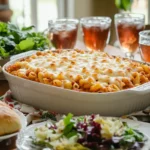 Rotel Pasta served in a white casserole dish, topped with melted cheese, surrounded by fresh salad, dinner rolls, and iced tea on a dinner table.