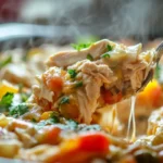 A close-up of a steaming chicken vegetable casserole being scooped with a spoon, showing tender chicken, colorful vegetables, and melted cheese.