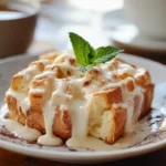 Close-up of white chocolate bread pudding drizzled with creamy white chocolate sauce, garnished with a fresh mint leaf on a rustic table.
