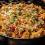 Philly Cheesesteak Pasta in a cast-iron skillet topped with melted cheese, ground beef, and fresh parsley.