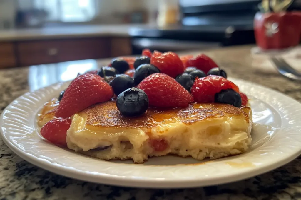Close-up of a fluffy pancake topped with fresh strawberries, blueberries, and syrup on a white plate.