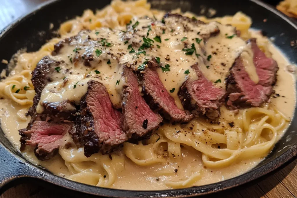 Creamy beef Alfredo pasta with tender sliced steak, topped with fresh parsley and grated Parmesan, served in a cast-iron skillet.