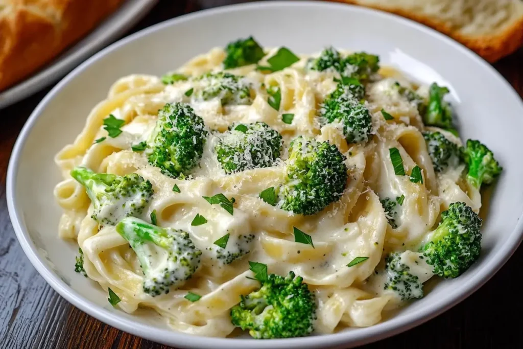 A delicious plate of broccoli Alfredo with creamy fettuccine pasta, tender broccoli florets, and a sprinkle of Parmesan cheese, garnished with fresh parsley.