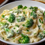 A delicious plate of broccoli Alfredo with creamy fettuccine pasta, tender broccoli florets, and a sprinkle of Parmesan cheese, garnished with fresh parsley.