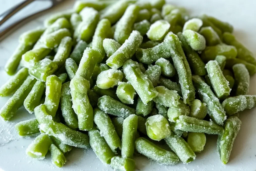 Frozen green beans coated with ice crystals, displayed on a white plate.