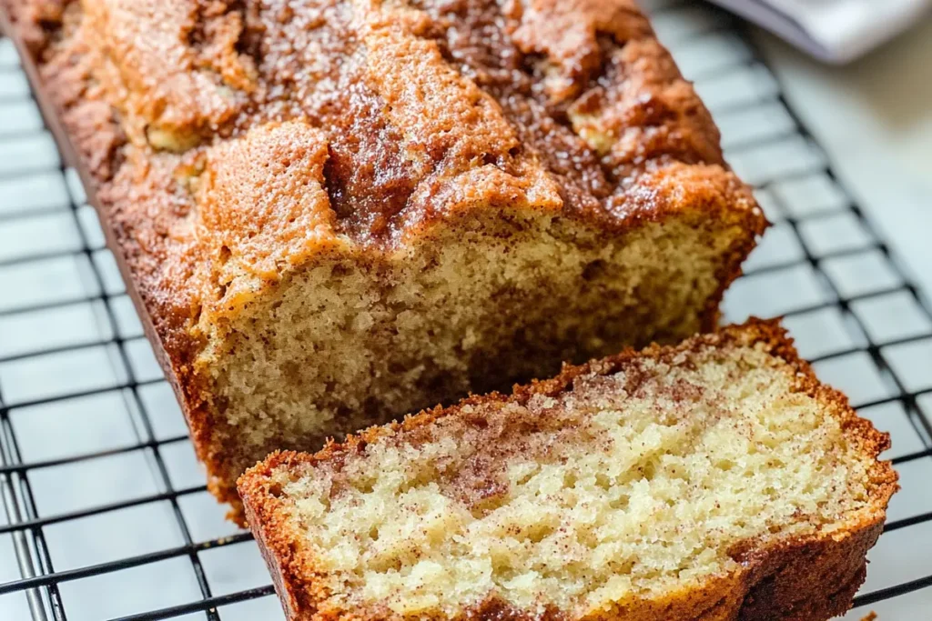 Freshly baked Amish Cinnamon Bread with cinnamon sugar topping