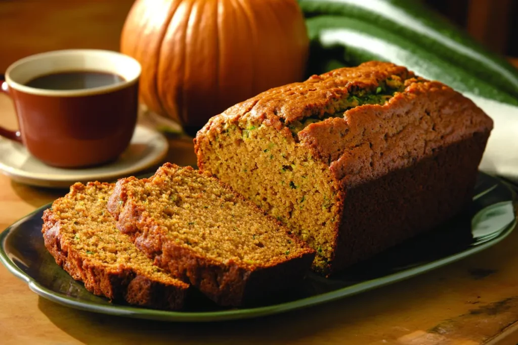 Freshly baked pumpkin zucchini bread sliced on a wooden table