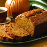 Freshly baked pumpkin zucchini bread sliced on a wooden table