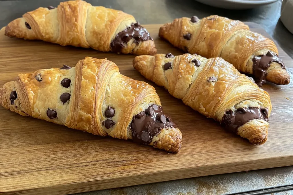 Golden, flaky cookie croissant with melted chocolate inside
